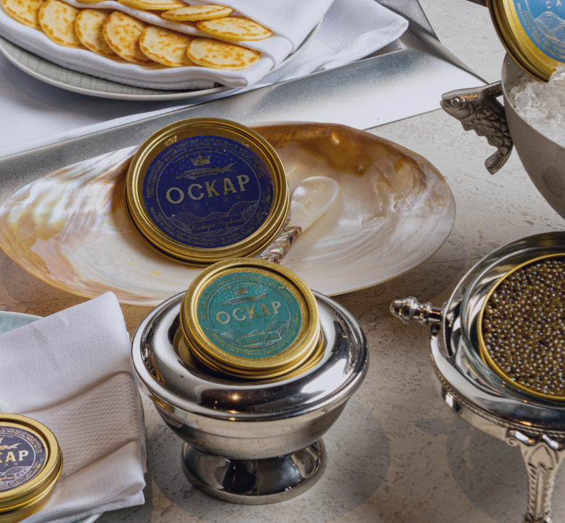 Ockap Caviar: Beluga, Kaluga, Osetra, Sevruga.